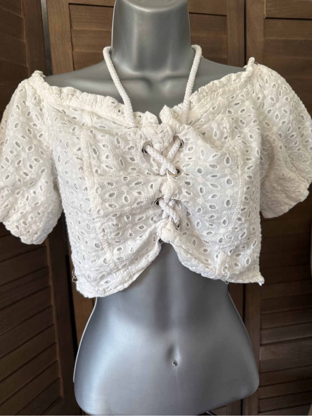 Y2K Eyelet off shoulder crop Feminine boho lightweight.